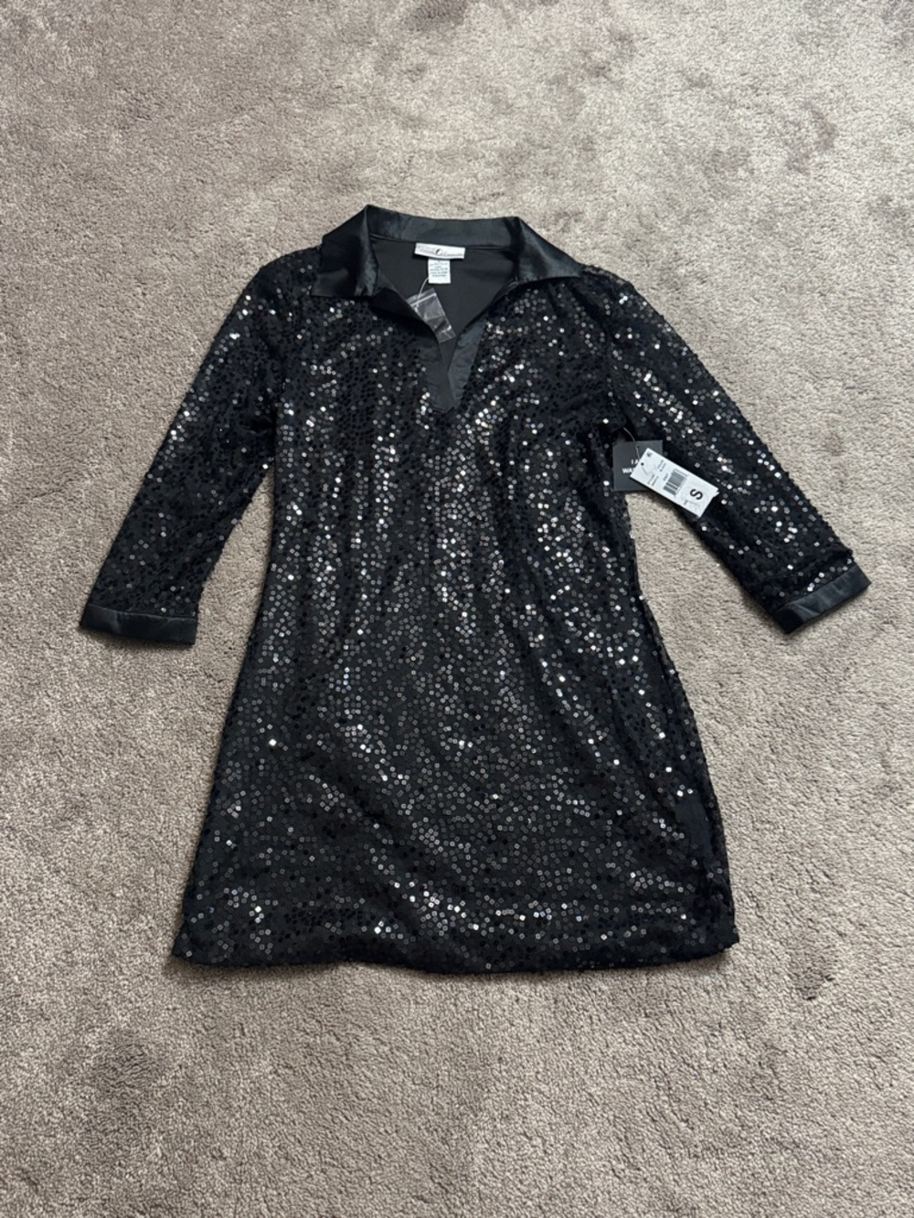 Once Again Black Sequin Shirt Dress Collared 3/4 Sleeve Party NWT SIZE S